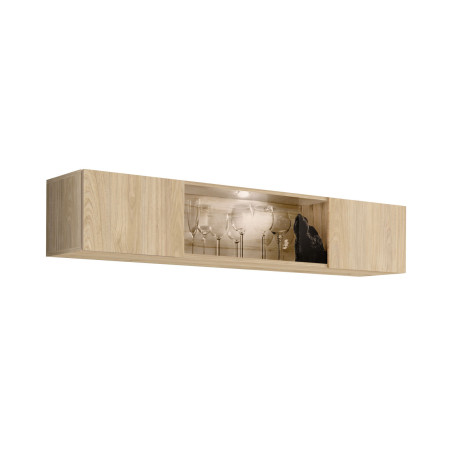 Vitrine murale Fly 52 avec éclairage LED - Bois MDF chêne Hickory Jackson - 160 x 30 x 29 cm