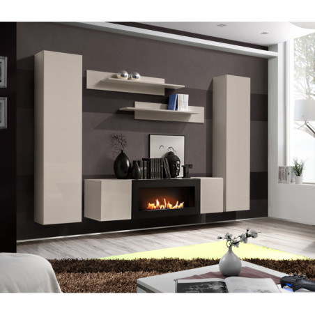 Ensemble meuble TV mural Fly M1 avec cheminée bioéthanol - Bois MDF cachemire - 260 x 170 x 40 cm