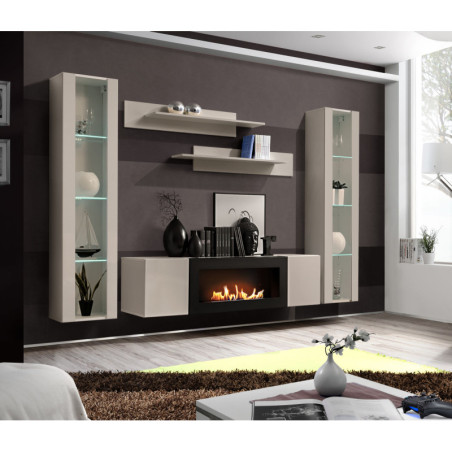 Ensemble meuble TV mural Fly M2 avec cheminée bioéthanol, vitrine et éclairage LED - Bois MDF cachemire - 260 x 170 x 40 cm