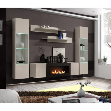 Ensemble meuble TV mural Fly M3 avec cheminée bioéthanol, vitrine et éclairage LED - Bois MDF cachemire - 260 x 170 x 40 cm