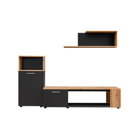 Ensemble meuble TV mural Maze I - Bois MDF noir mat et chêne Wotan - 200 x 160 x 40 cm