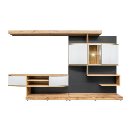 Ensemble meuble TV mural Palermo avec vitrine LED - Bois MDF anthracite et blanc brillant et chêne Wotan - 300 x 182 x 45 cm