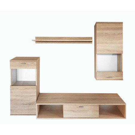 Ensemble meuble TV mural Rico avec vitrine - Bois MDF chêne Sonoma - 185 x 140 x 38 cm