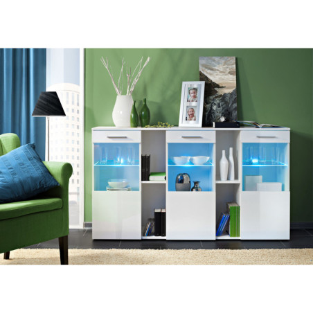 Buffet Dorade avec vitrine et éclairage LED - Bois MDF blanc brillant - 160 x 92 x 40 cm