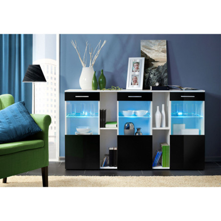 Buffet Dorade avec vitrine et éclairage LED - Bois MDF blanc et noir brillant - 160 x 92 x 40 cm