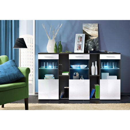 Buffet Dorade avec vitrine et éclairage LED - Bois MDF blanc brillant et noir - 160 x 92 x 40 cm