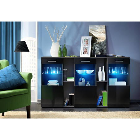 Buffet Dorade avec vitrine et éclairage LED - Bois MDF noir brillant - 160 x 92 x 40 cm
