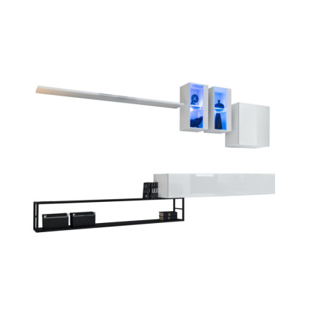 Ensemble meuble TV mural Switch Met I avec étagères métal et vitrine LED - Bois MDF blanc brillant et noir - 330 x 180 x 40 cm