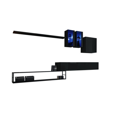 Ensemble meuble TV mural Switch Met I avec étagères métal, vitrine et éclairage LED - Bois MDF noir brillant - 330 x 180 x 40 cm