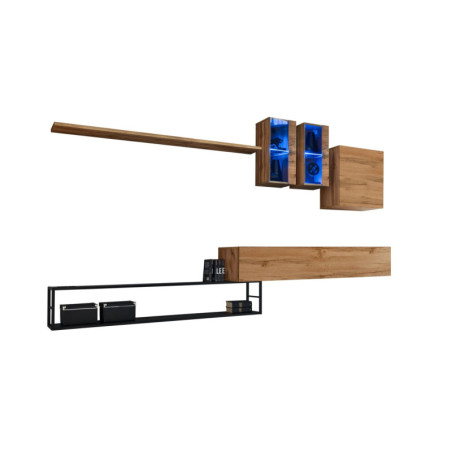 Ensemble meuble TV mural Switch Met I avec étagères métal et vitrine LED - Bois MDF noir et chêne Wotan - 330 x 180 x 40 cm