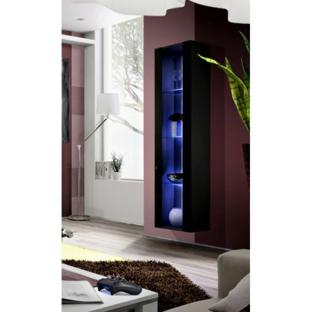 Vitrine murale Fly 41 avec éclairage LED - Bois MDF noir brillant - 40 x 170 x 29 cm