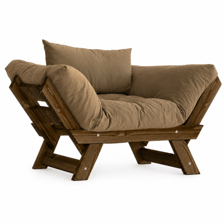 Fauteuil de jardin en bois de pin et lin noyer et camel - L 108 à 140 × P 75 cm - Imperméable
