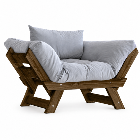 Fauteuil de jardin en bois de pin et lin noyer et gris - L 108 à 140 × P 75 cm - Imperméable