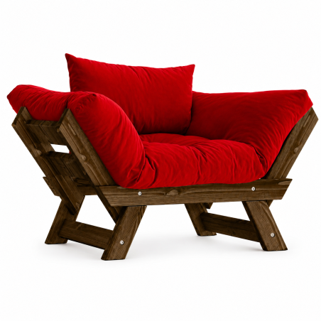 Fauteuil de jardin en bois de pin et lin noyer et rouge - L 108 à 140 × P 75 cm - Imperméable