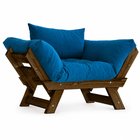 Fauteuil de jardin en bois de pin et lin noyer et bleu - L 108 à 140 × P 75 cm - Imperméable
