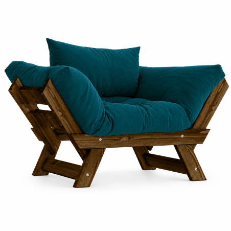 Fauteuil de jardin en bois de pin et lin noyer et vert pétrole - L 108 à 140 × P 75 cm - Imperméable