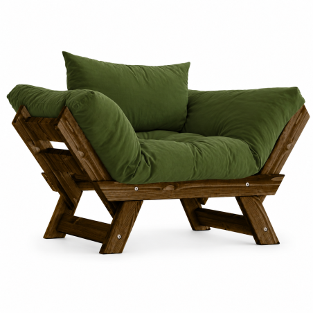 Fauteuil de jardin en bois de pin et lin noyer et vert - L 108 à 140 × P 75 cm - Imperméable