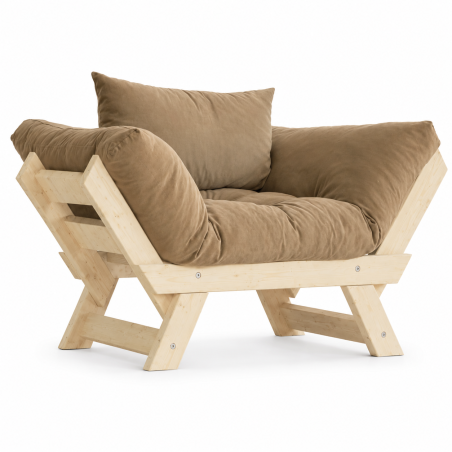 Fauteuil de jardin en bois de pin et lin naturel et camel - L 108 à 140 × P 75 cm - Imperméable
