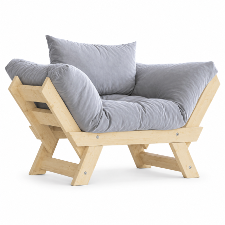 Fauteuil de jardin en bois de pin et lin naturel et gris - L 108 à 140 × P 75 cm - Imperméable