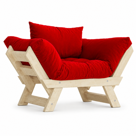 Fauteuil de jardin en bois de pin et lin naturel et rouge - L 108 à 140 × P 75 cm - Imperméable