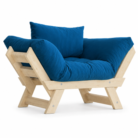 Fauteuil de jardin en bois de pin et lin naturel et bleu - L 108 à 140 × P 75 cm - Imperméable