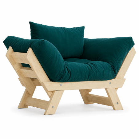Fauteuil de jardin en bois de pin et lin naturel et bleu pétrole - L 108 à 140 × P 75 cm - Imperméable