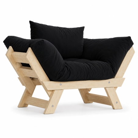 Fauteuil de jardin en bois de pin et lin naturel et noir - L 108 à 140 × P 75 cm - Imperméable