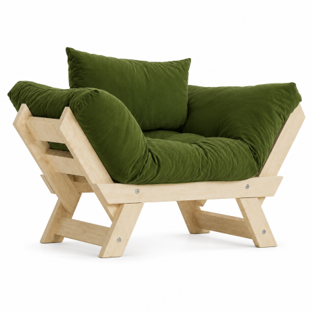 Fauteuil de jardin en bois de pin et lin naturel et vert - L 108 à 140 × P 75 cm - Imperméable