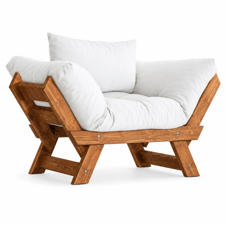 Fauteuil de jardin en bois de pin et lin teck et blanc - L 108 à 140 × P 75 cm - Imperméable