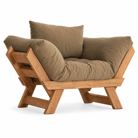 Fauteuil de jardin en bois de pin et lin teck et camel - L 108 à 140 × P 75 cm - Imperméable