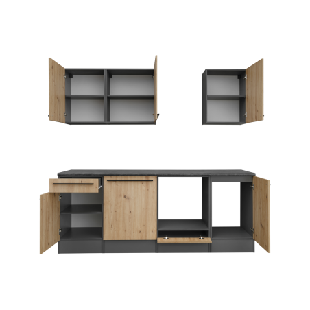 Cuisine complète Porto - Bois MDF anthracite et chêne artisan - 220 x 210 x 60 cm
