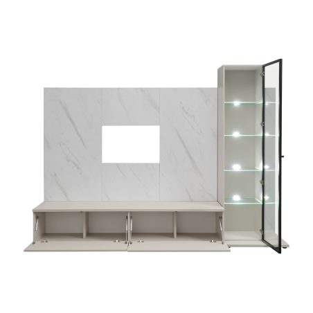 Ensemble meuble TV mural Glam I avec vitrine et éclairage LED - Bois MDF cachemire et effet marbre blanc - 240 x 175 x 45 cm