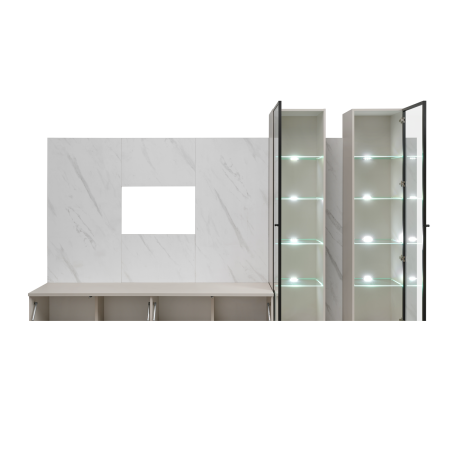 Ensemble meuble TV mural Glam II avec vitrine et éclairage LED - Bois MDF cachemire et effet marbre blanc - 300 x 175 x 45 cm