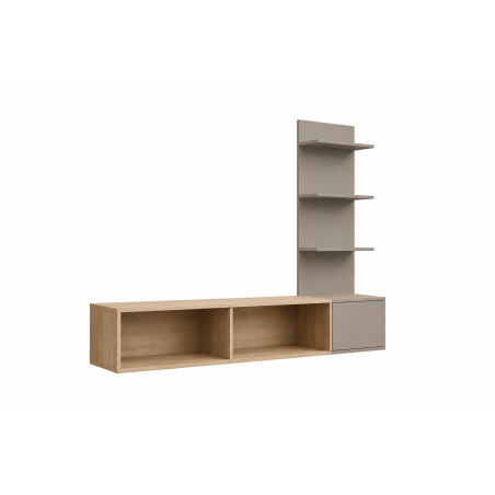 Ensemble meuble TV mural Joy - Bois MDF gris argile et chêne Cremona - 180 x 130 x 40 cm