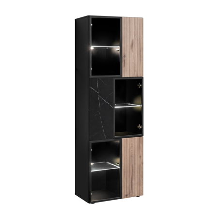 Vitrine haute Cannes WSW avec éclairage LED - Bois MDF noir et chêne Viking et effet marbre noir - 60 x 182 x 40 cm