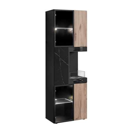 Vitrine haute Cannes WSW-K avec cheminée bioéthanol et LED - MDF noir et chêne Viking et effet marbre noir - 60 x 182 x 40 cm