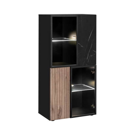 Vitrine basse Cannes WSN avec éclairage LED - Bois MDF noir et chêne Viking et effet marbre noir - 60 x 122 x 40 cm