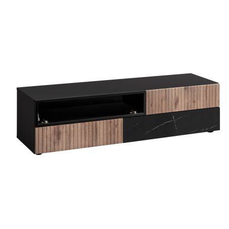 Meuble TV Cannes RTV - Bois MDF noir et chêne Viking et effet marbre noir - 160 x 42 x 45 cm