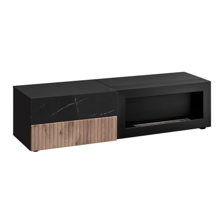 Meuble TV Cannes RTV-K avec cheminée bioéthanol - Bois MDF noir et chêne Viking et effet marbre noir - 160 x 42 x 45 cm