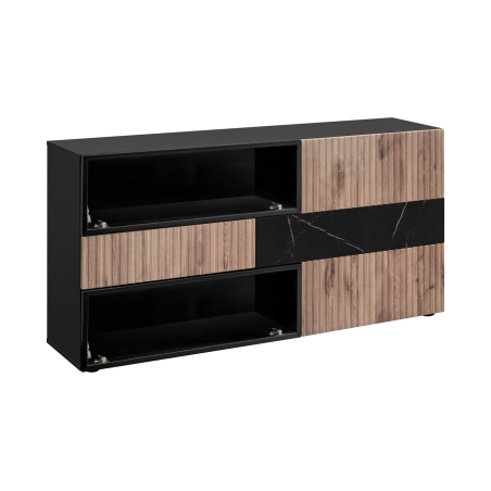 Buffet Cannes SB avec vitrine - Bois MDF noir et chêne Viking et effet marbre noir - 160 x 82 x 45 cm