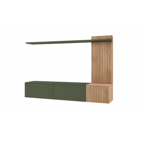 Ensemble meuble TV mural Solo - Bois MDF chêne Hickory Jackson et décor vert - 180 x 130 x 40 cm