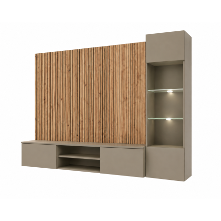 Ensemble meuble TV mural Xari L avec vitrine et éclairage LED - Bois MDF gris argile et chêne artisan - 200 x 148 x 35 cm