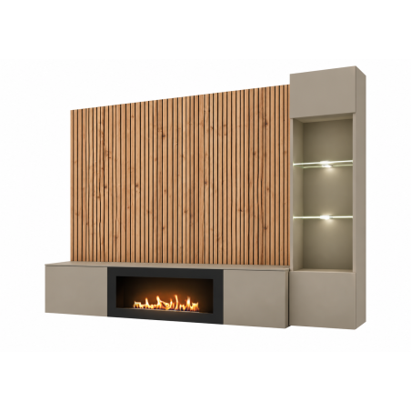 Ensemble meuble TV Xari L-K avec cheminée bioéthanol et vitrine LED - Bois MDF gris argile et chêne artisan - 200 x 158 x 40 cm