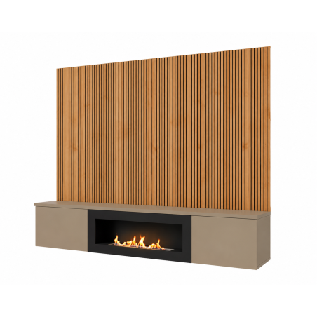 Ensemble meuble TV mural Xari L2-K avec cheminée bioéthanol - Bois MDF gris argile et chêne artisan - 160 x 158 x 40 cm