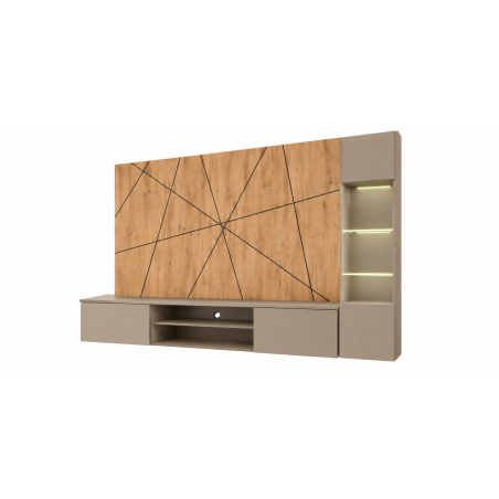 Ensemble meuble TV mural Xari G avec vitrine et éclairage LED - Bois MDF gris argile et chêne artisan - 200 x 148 x 35 cm