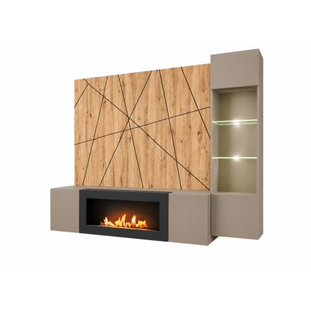 Ensemble meuble TV Xari G-K avec cheminée bioéthanol et vitrine LED - Bois MDF gris argile et chêne artisan - 200 x 158 x 40 cm