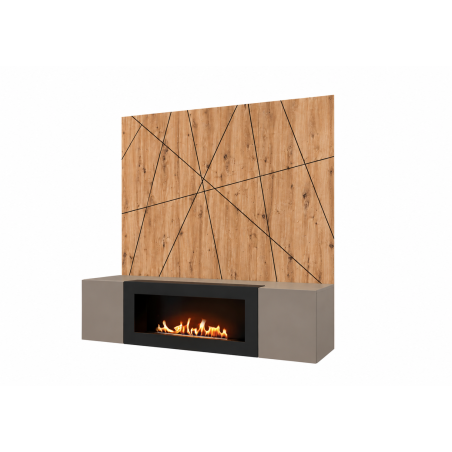 Ensemble meuble TV mural Xari G2-K avec cheminée bioéthanol - Bois MDF gris argile et chêne artisan - 160 x 158 x 40 cm
