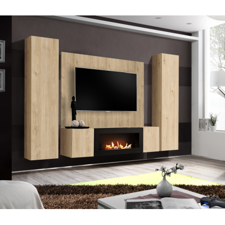 Ensemble meuble TV mural Fly M-P1 avec cheminée bioéthanol - Bois MDF chêne Hickory Jackson - 240 x 170 x 40 cm