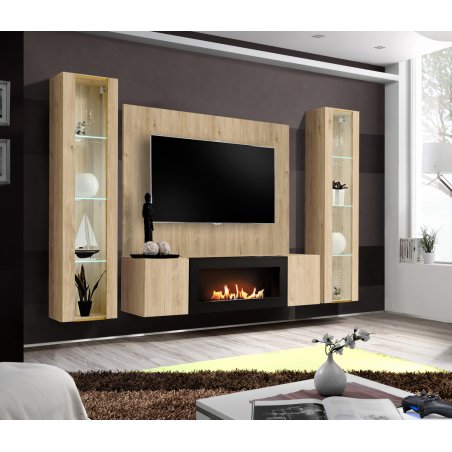 Ensemble meuble TV mural Fly M-P2 avec cheminée bioéthanol et vitrine LED - Bois MDF chêne Hickory Jackson - 240 x 170 x 40 cm