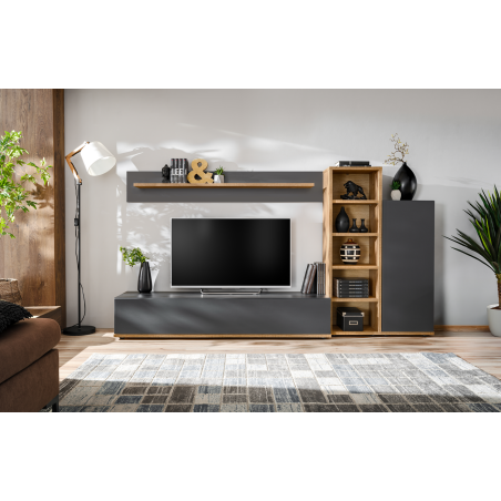 Ensemble meuble TV mural Silk III - Bois MDF anthracite et chêne Wotan - 240 x 127 x 40 cm